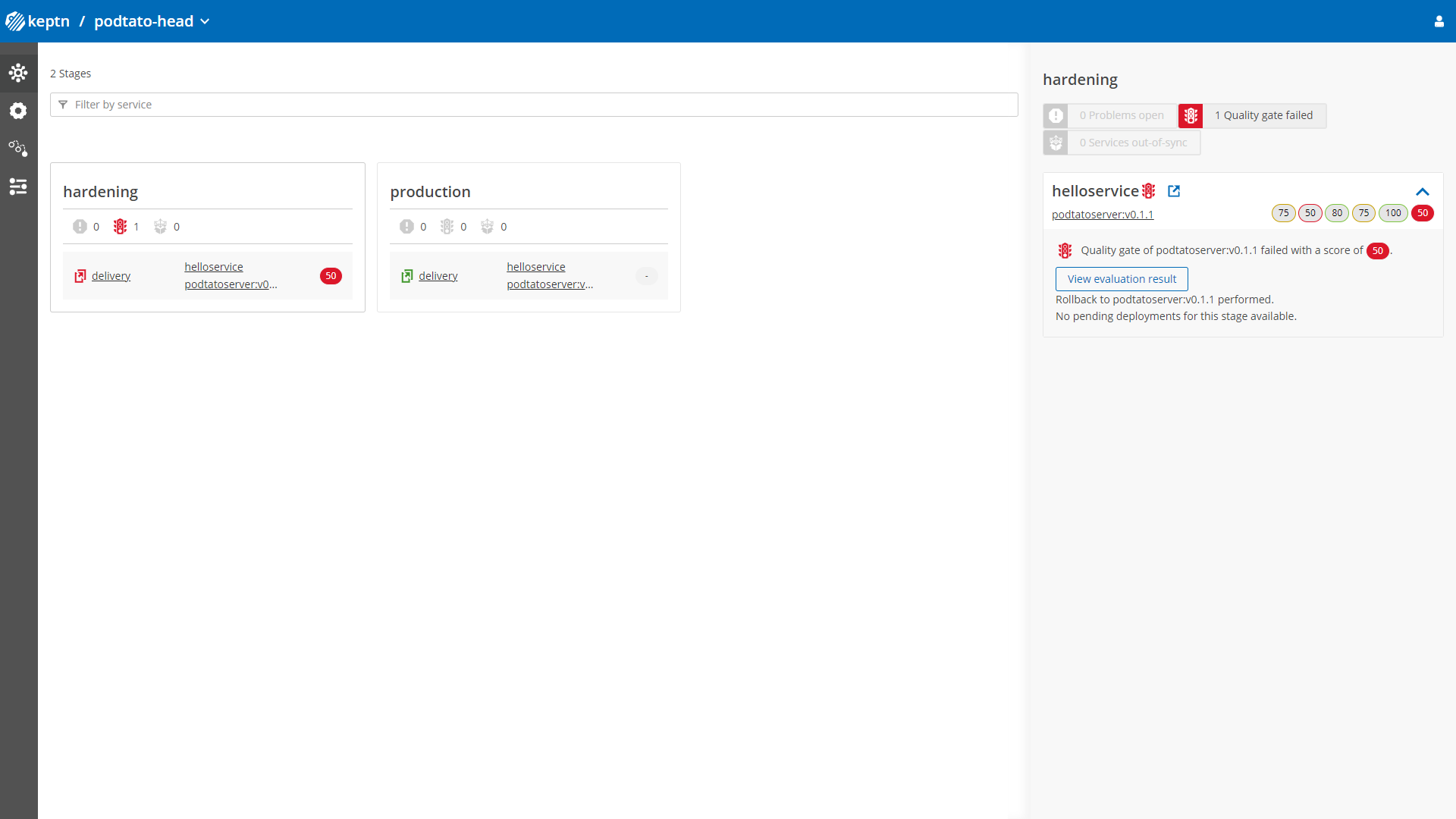 Keptn Bridge environment view