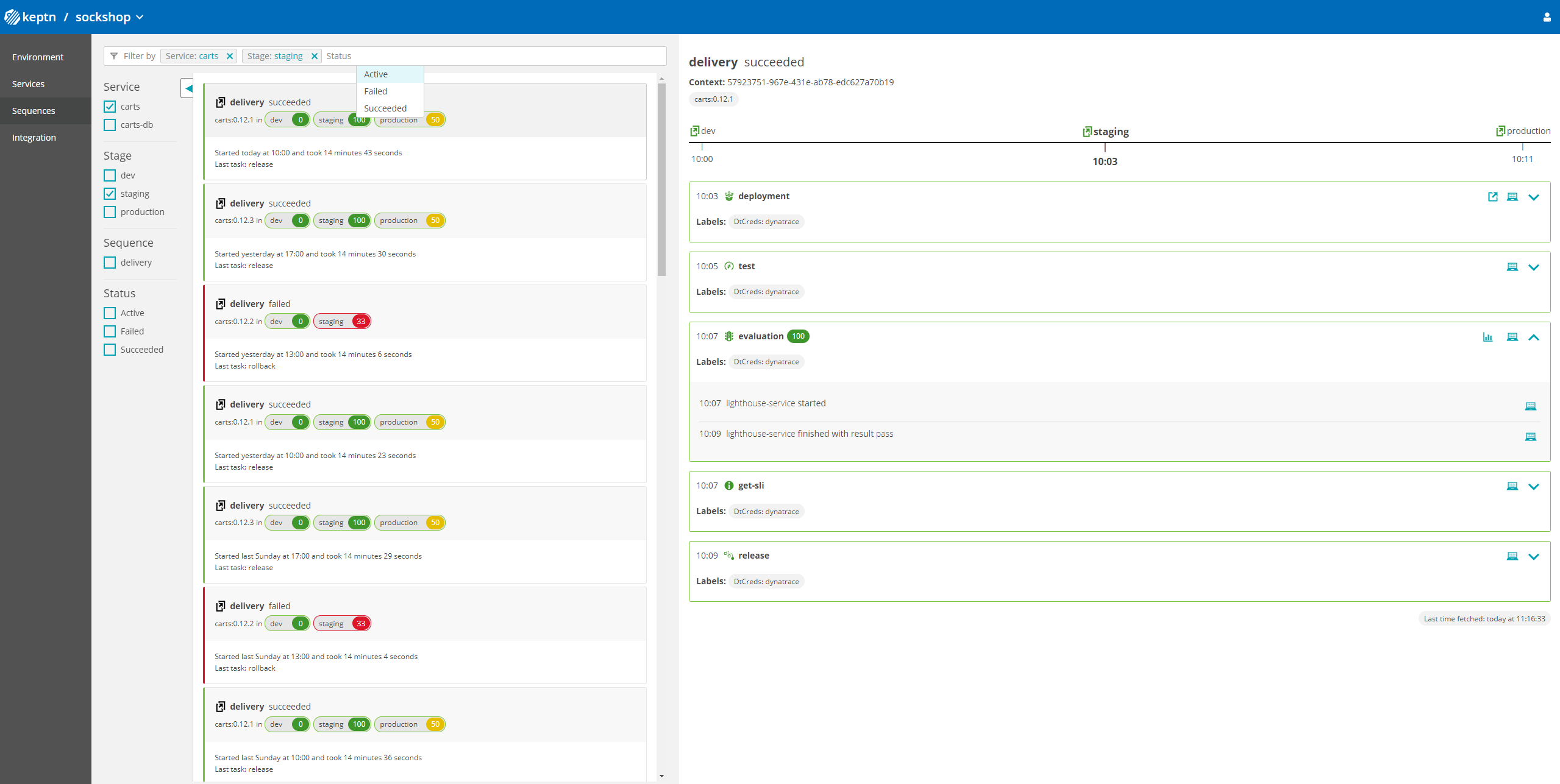 Keptn Bridge sequences view